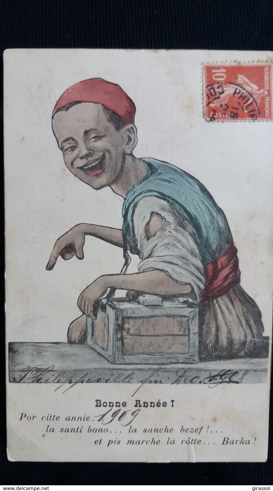 CPA ENFANT CIREUR DE CHAUSSURES ? BONNE ANNEE 1909 POR CITTE ANNIE LA SANTI LA SANCHE BEZEF ET PIS MARCHE LA ROTTE BARK - Enfants