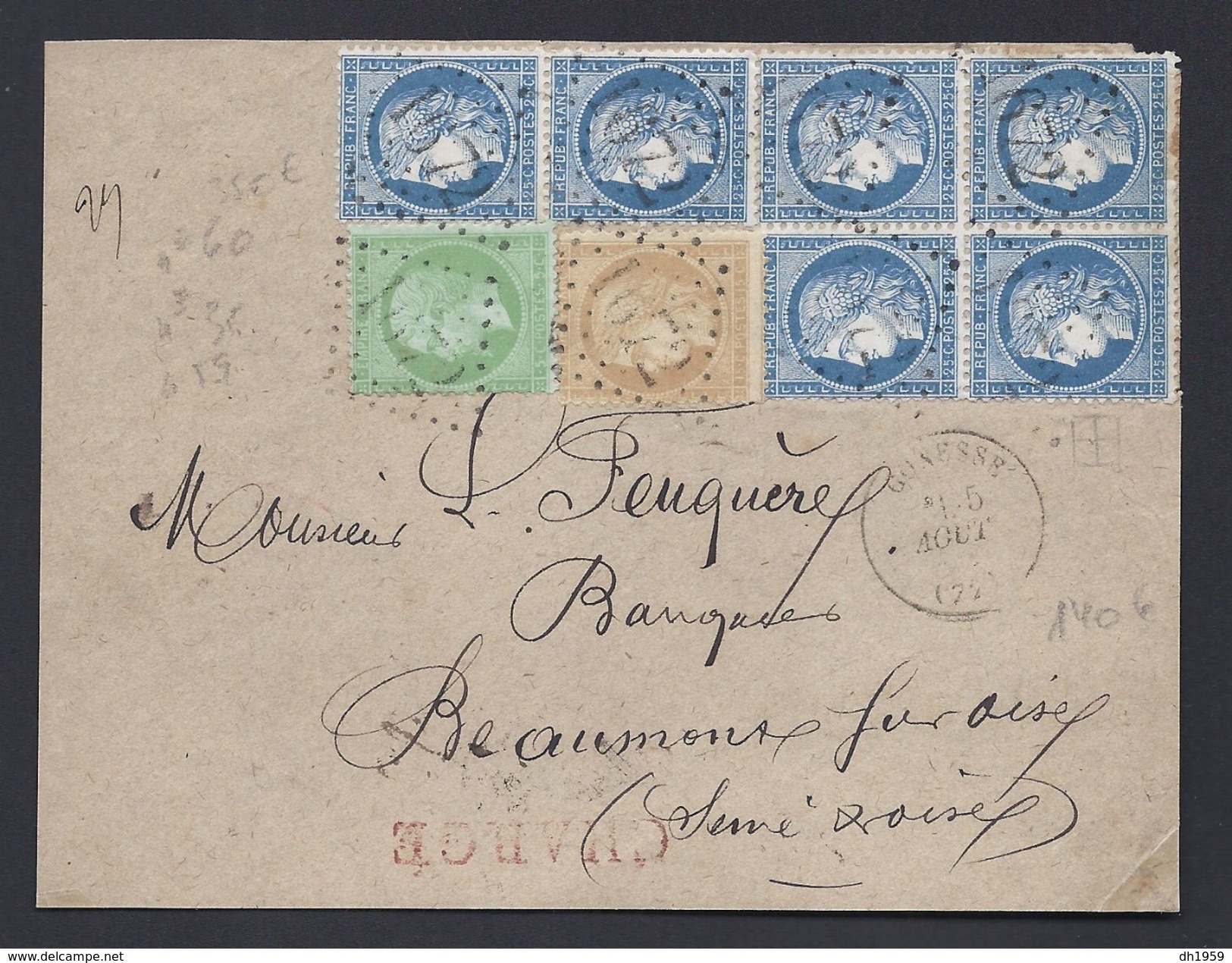 NAPOLEON CERES 35,59,60 Bloc De Quatre Et Paire Devant De Lettre Tricolore CHARGE Pour Beaumont Sur Oise - 1871-1875 Ceres