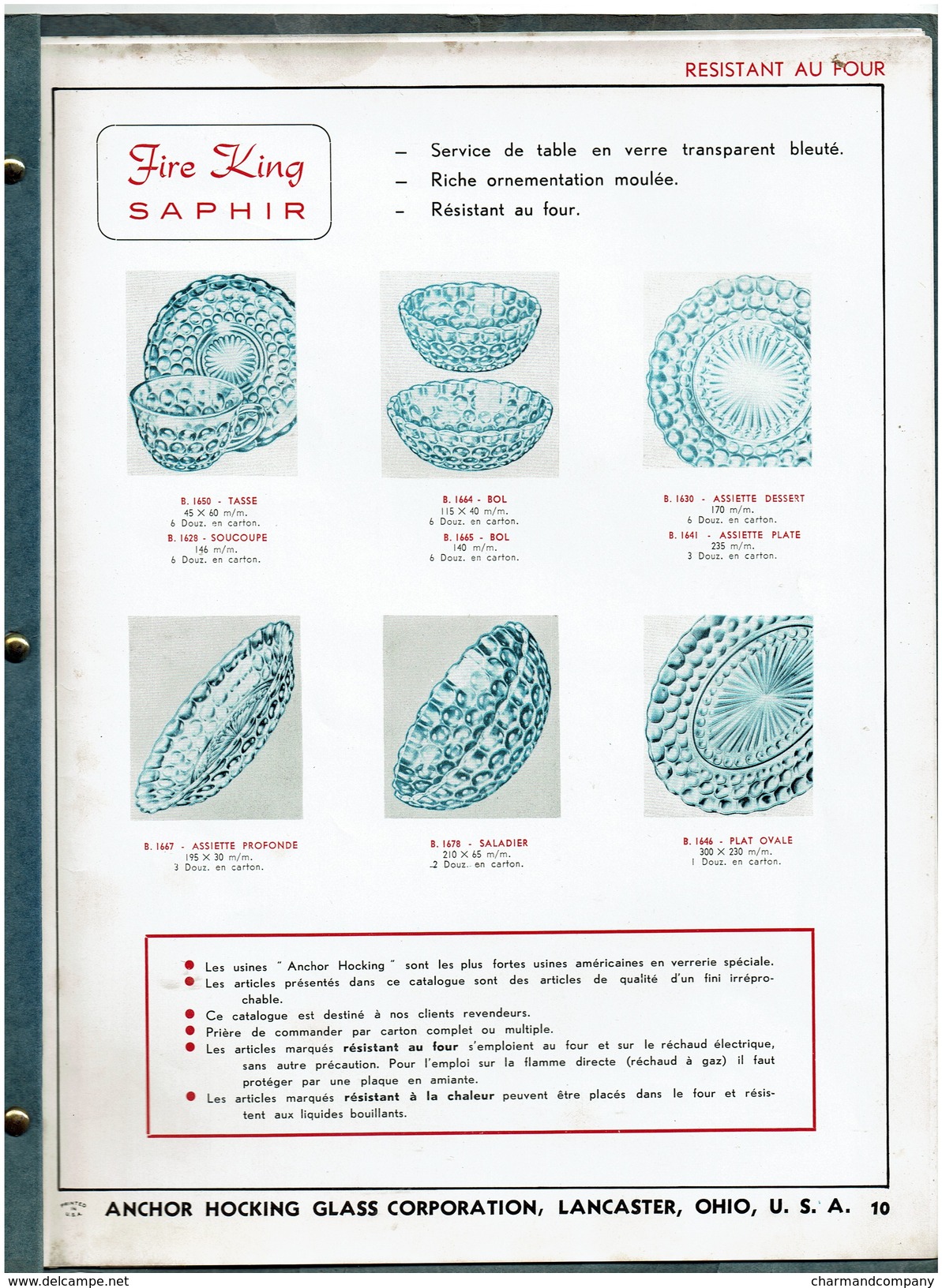 C1950 - Vintage ANCHOR HOCKING GLASS - Fire King Saphir / Jade-Ite / Ivoire Catalog In French ! 10 Pages - 5 Scans - Unclassified