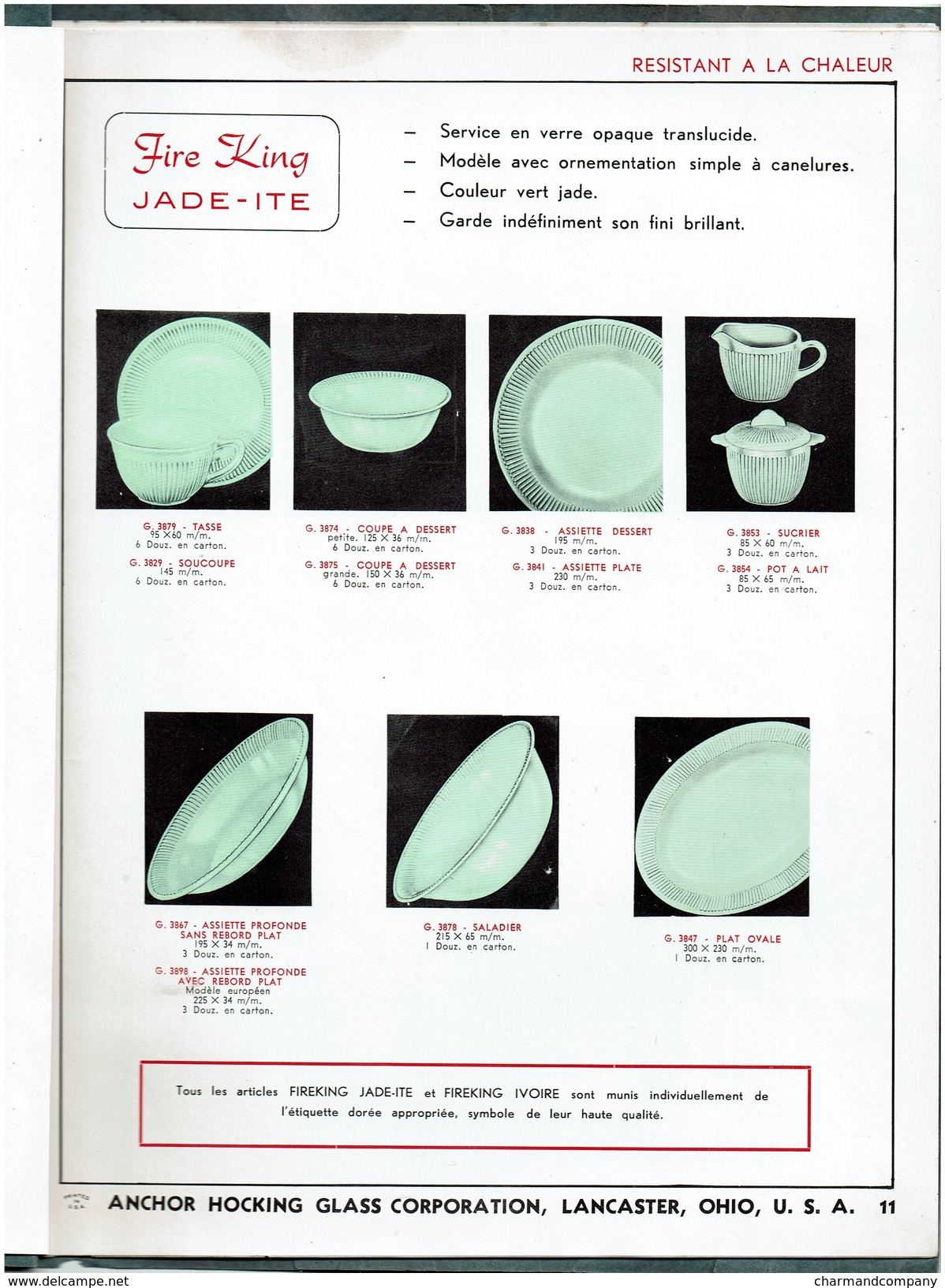 C1950 - Vintage ANCHOR HOCKING GLASS - Fire King Saphir / Jade-Ite / Ivoire Catalog In French ! 10 Pages - 5 Scans - Unclassified