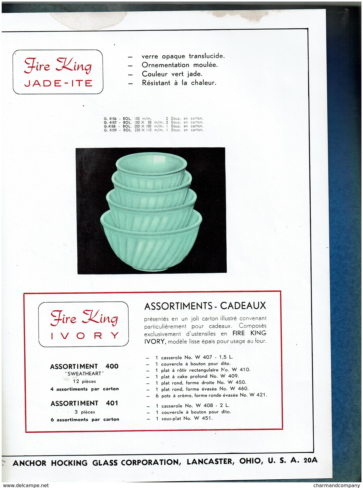 C1950 - Vintage ANCHOR HOCKING GLASS - Fire King Saphir / Jade-Ite / Ivoire Catalog In French ! 10 Pages - 5 Scans - Unclassified