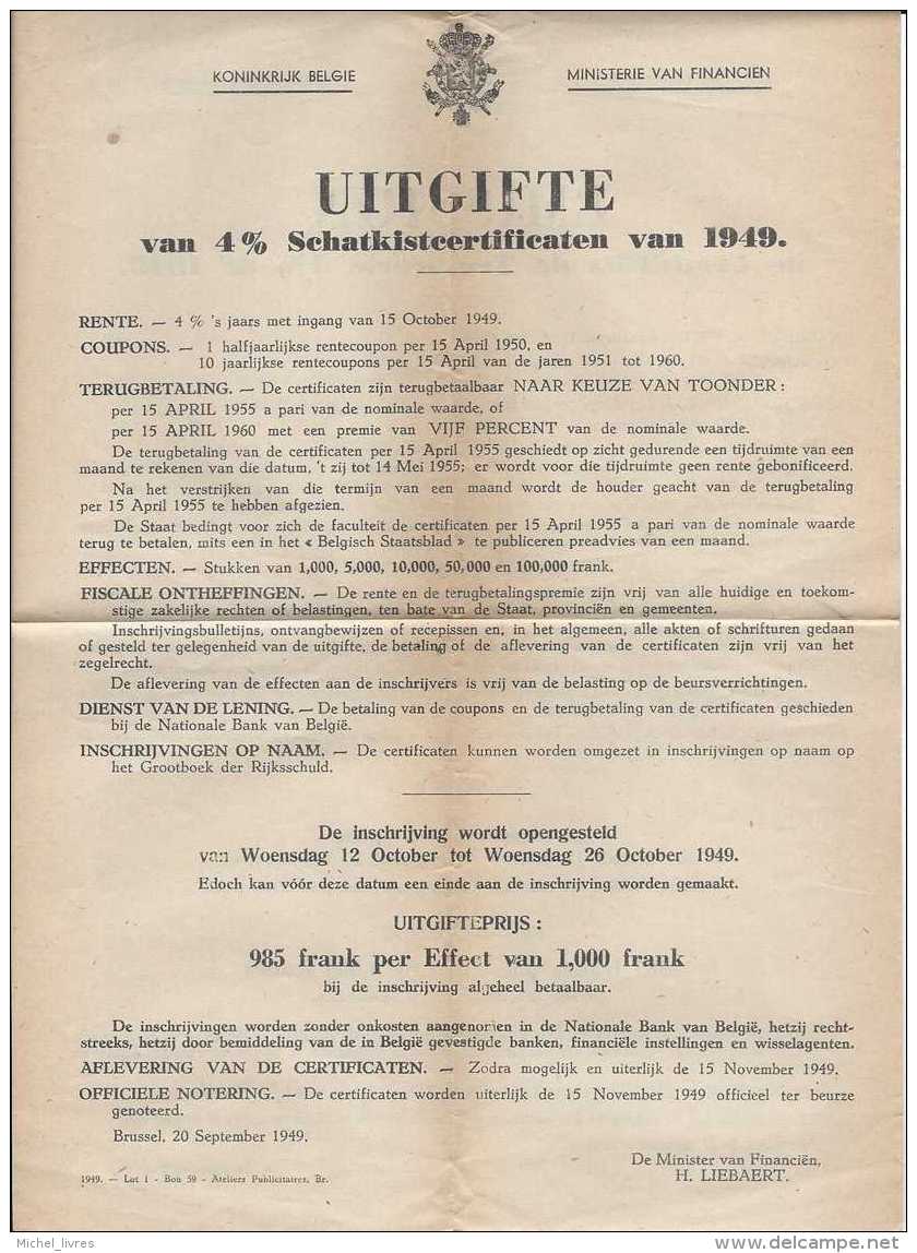 Royaume De Belgique - Ministère Des Finances - Emission De Certificats De Trésorerie 4 Pct De 1949 - 1 Page Recto-verso - Autres & Non Classés