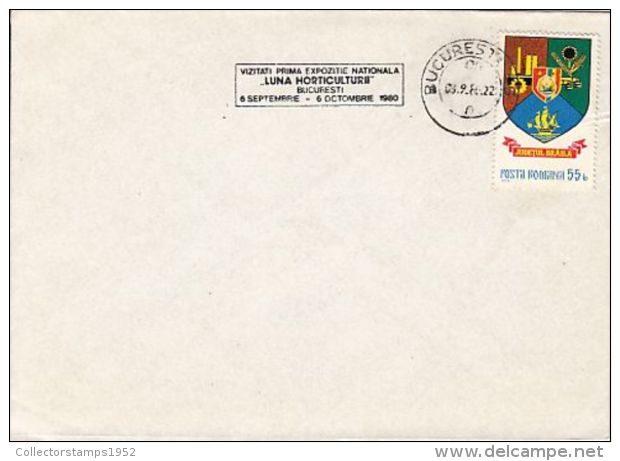 63588- MONTH OF HORTICULTURE NATIONAL EXHIBITION SPECIAL POSTMARK ON COVER, COAT OF ARMS STAMP, 1980, ROMANIA - Brieven En Documenten