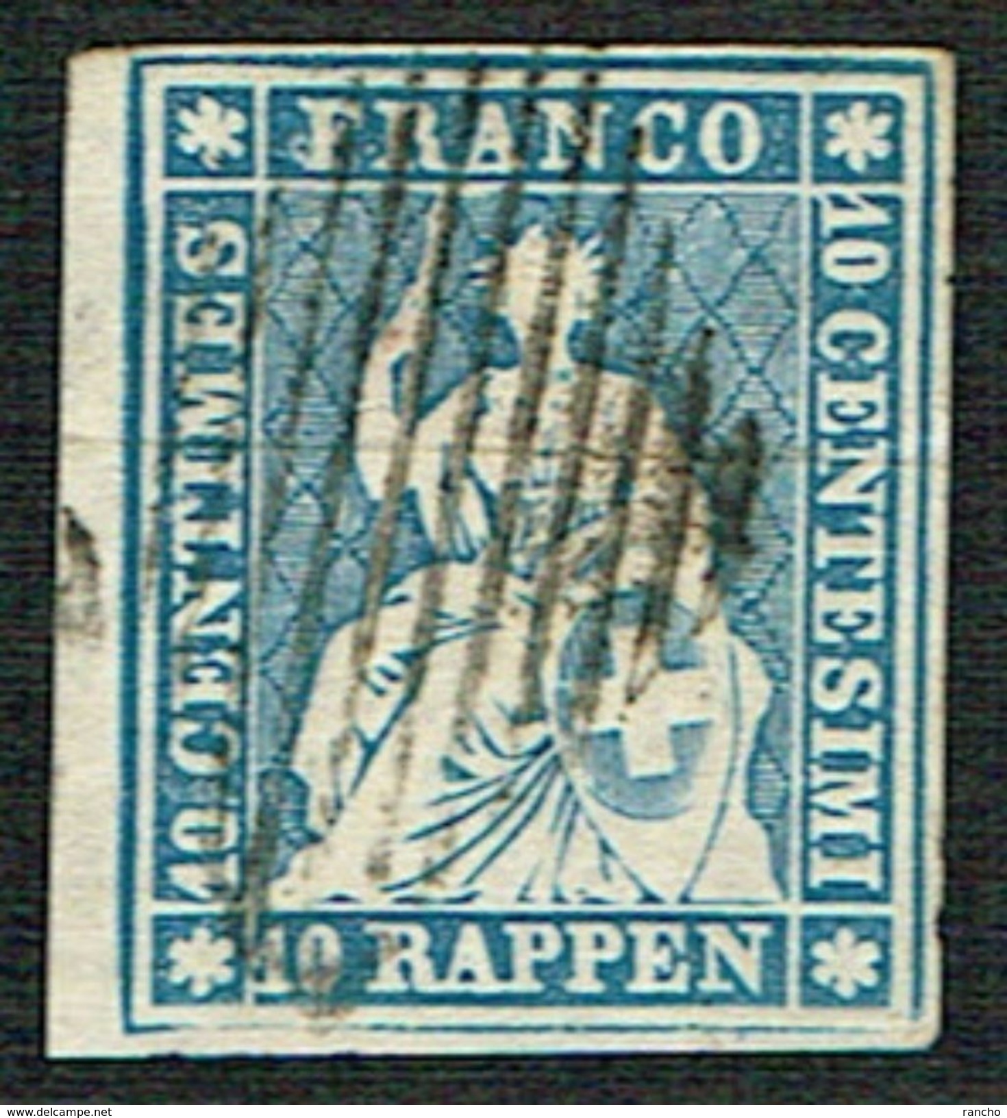TIMBRE OBLITERE 1854 FIL DE SOIE VERT C/.S.B.K. Nr:23A. Y&TELLIER Nr:27d. MICHEL Nr:14Ib.PAPIER MINCE. - Used Stamps