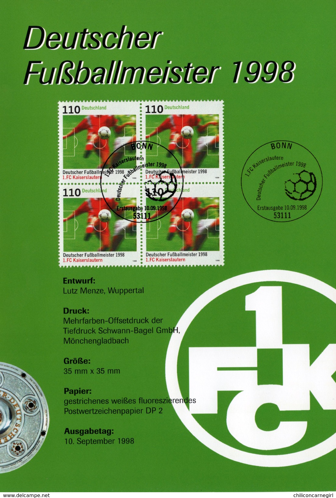 Encart - FDC - Football - Fussballmeister 1998 Präsentiert Seine Briefmarke - LUTZ MENZE - Bonn - 1998 - Clubs Mythiques