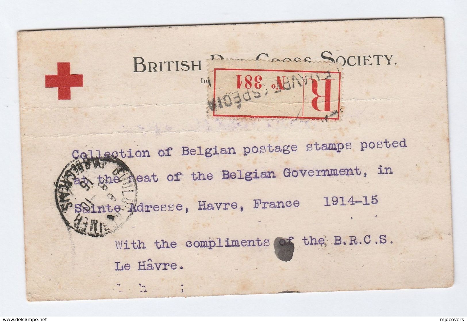 1915  REGISTERED From BELGIUM  RED CROSS To FRANCE RED CROSS, Pmk  LE HAVRE SPECIAL Card , Stamps Cover - Cruz Roja