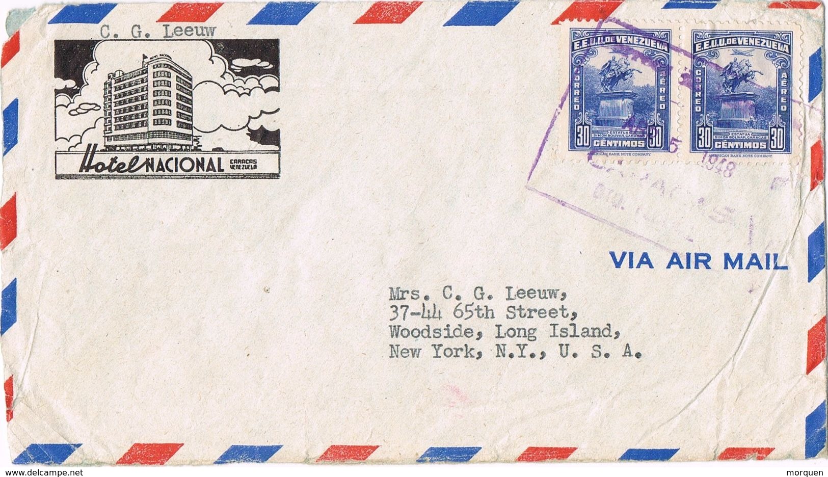 25116. Carta Aerea CARACAS (Venezuela)  1948. Membrete Hotel Nacional - Venezuela