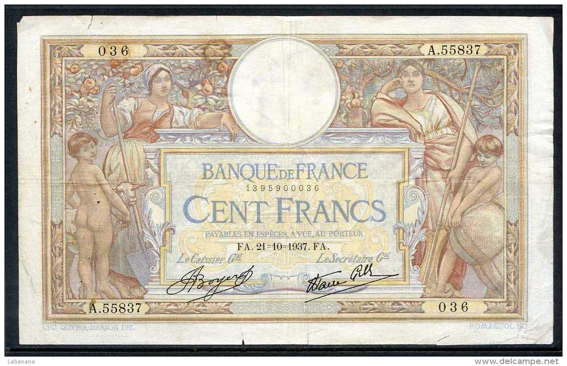 376-France Billet De 100 Francs 1937 FA  A55837 - 100 F 1908-1939 ''Luc Olivier Merson''