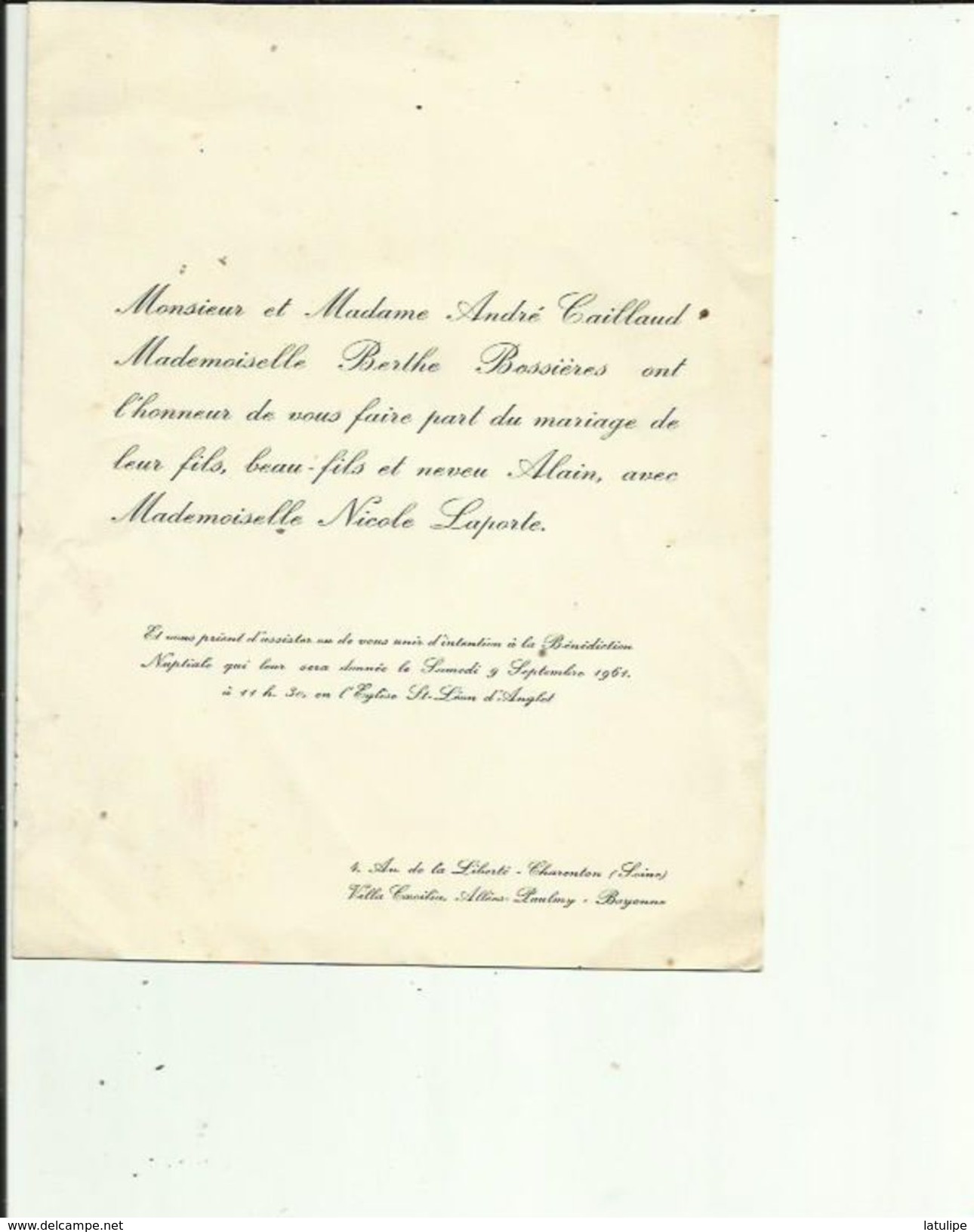 Faire-Part De Mariage De Mr Alain Caillaud Avec Melle Nicole Laporte En 1961 A L'Eglise St  Leon D'Anglet 64_Voir Detail - Boda