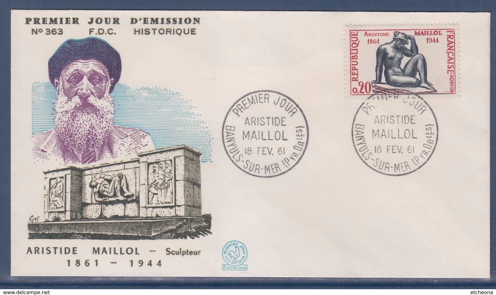 Aristide Maillol Enveloppe 1er Jour N°1281 Banyuls Sur Mer 18.2.61 Sculpteur La Pensée (Hôtel De Ville Perpignan) - 1960-1969