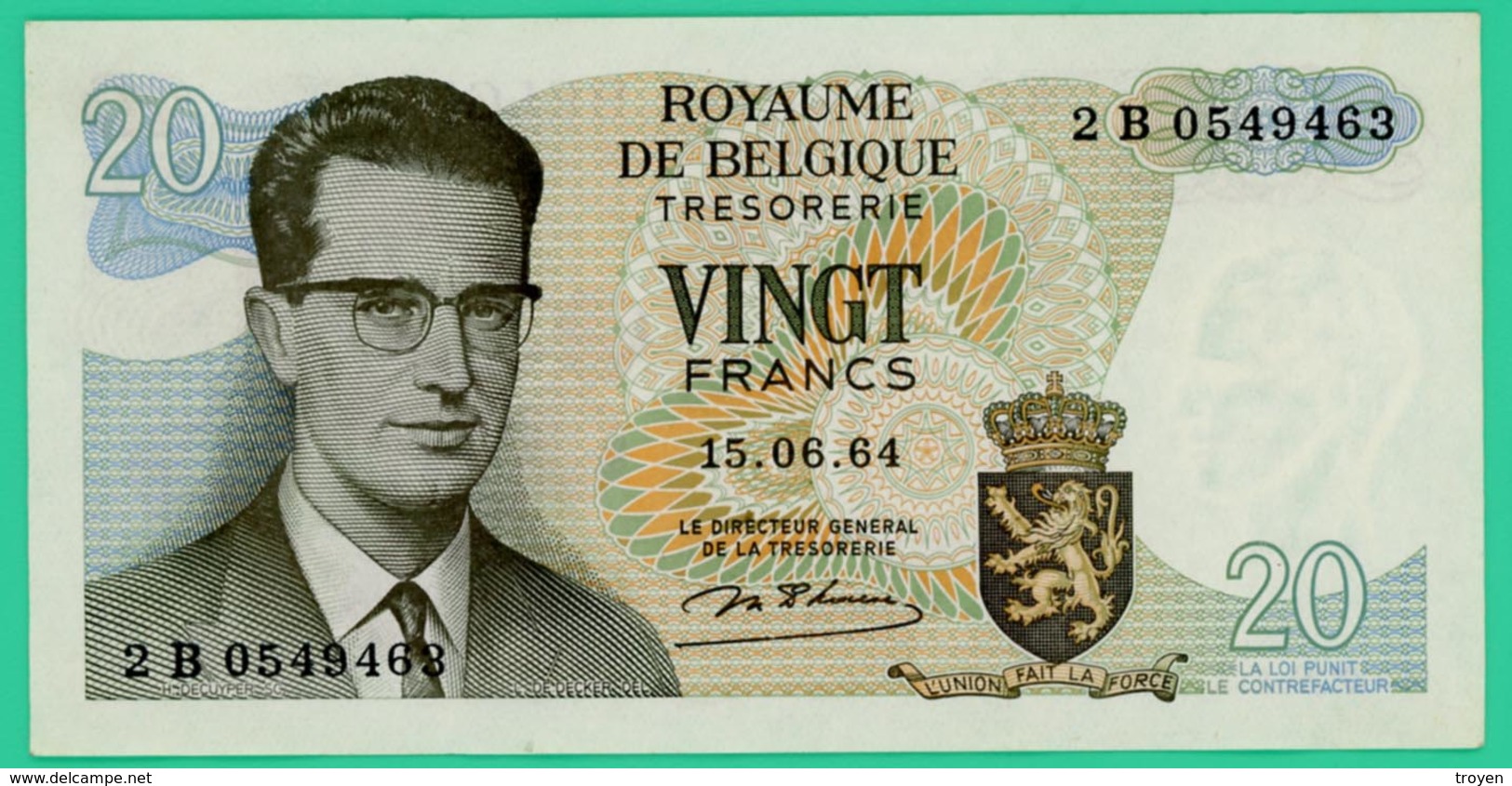 20 Francs - Belgique - 15-6-64 - N° 2B 0549463 - Spl - - Autres & Non Classés