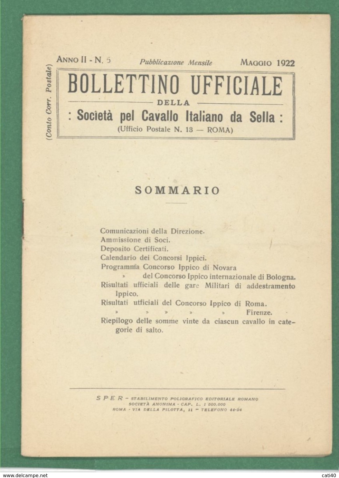 IPPICA CAVALLI  BOLLETTINO UFFICIALE DELLA SOC.PEL CAVALLO ITALIANO DA SELLA DEL MAGGIO 1922 - Geneeskunde, Biologie, Chemie