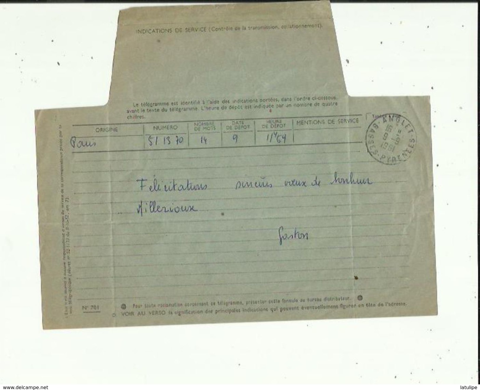 Telegramme De Meilleurs Voeux De Bonheur A L'Occasion Du Mariage De ALAIN CAILLAUX_Bossières En 1961 Voir Scan Details - Boda