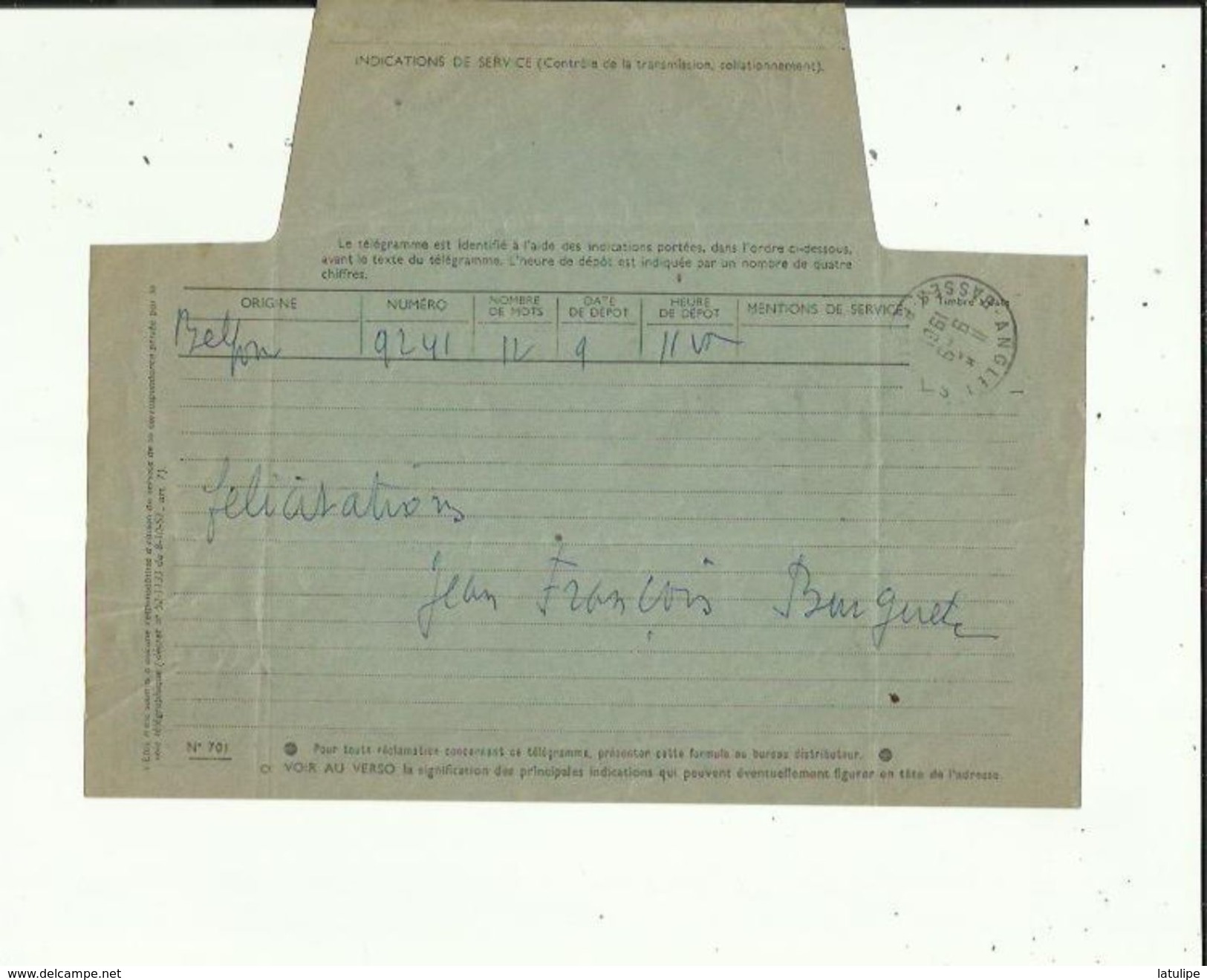 Telegramme De Meilleurs Voeux De Bonheur A L'Occasion Du Mariage De ALAIN CAILLAUX_Bossières En 1961 Voir Scan Details - Boda