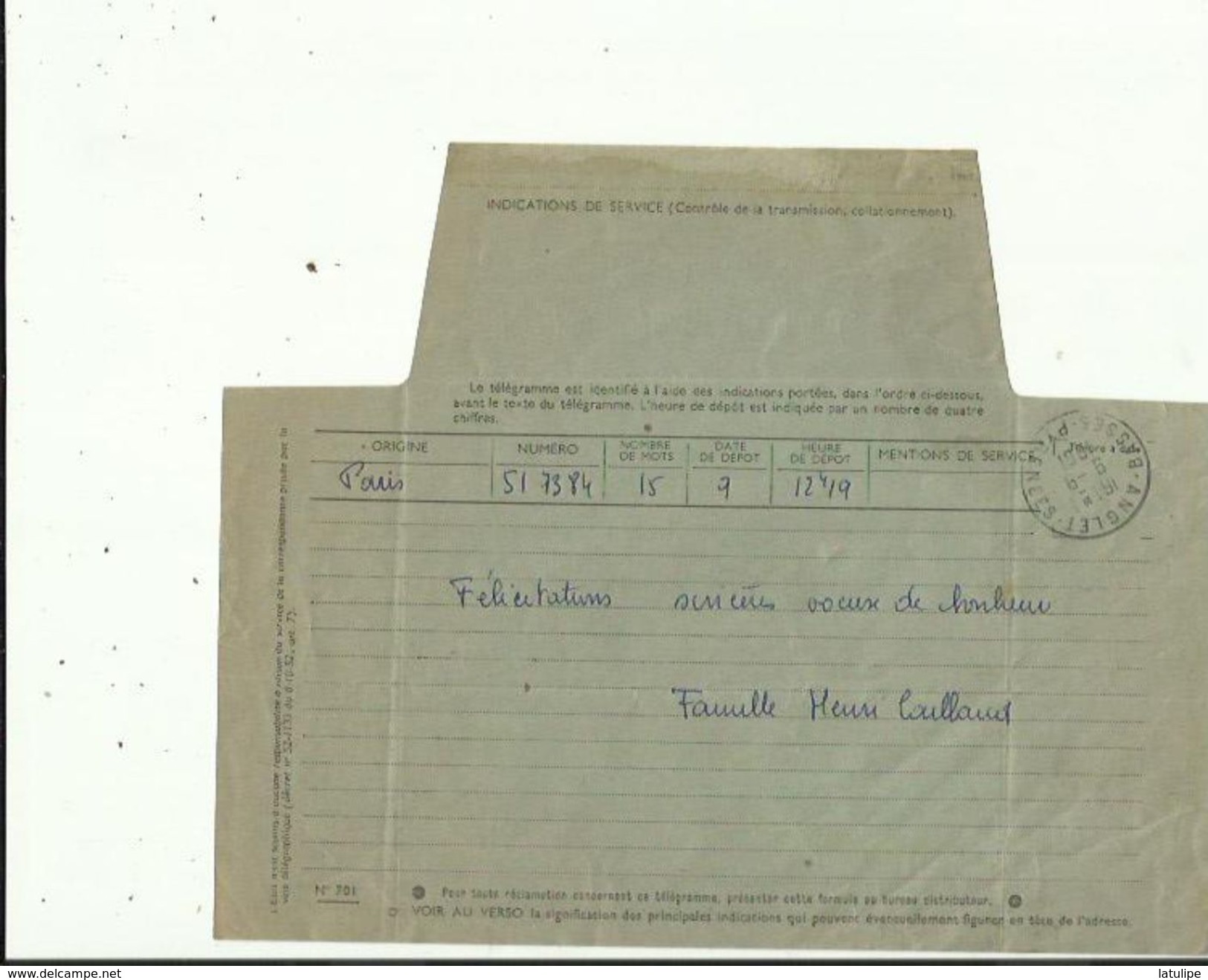 Telegramme De Meilleurs Voeux De Bonheur A L'Occasion Du Mariage De ALAIN CAILLAUX_Bossières En 1961 Voir Scan Details - Boda