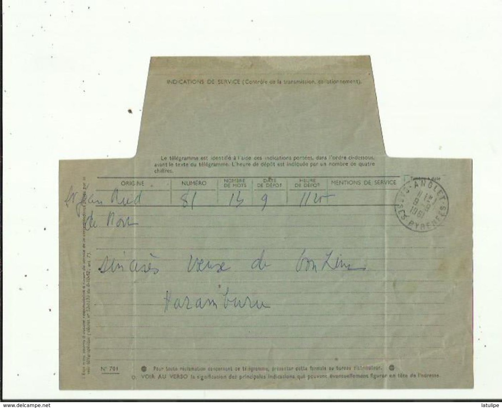 Telegramme De Meilleurs Voeux De Bonheur A L'Occasion Du Mariage De ALAIN CAILLAUX_Bossières En 1961 Voir Scan Details - Huwelijksaankondigingen