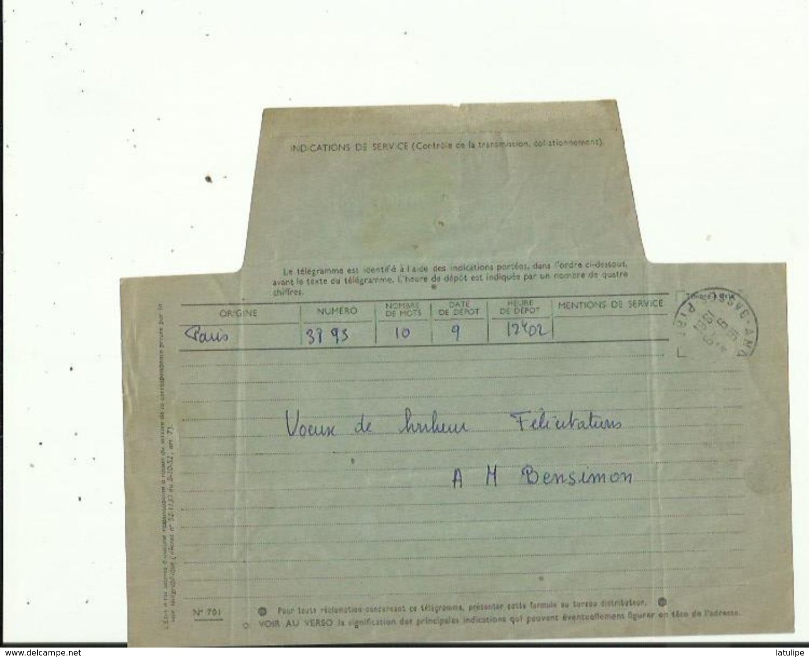 Telegramme De Meilleurs Voeux De Bonheur A L'Occasion Du Mariage De Melle LAPORTE  NICOLE En 1961 Voir Scan Details - Boda