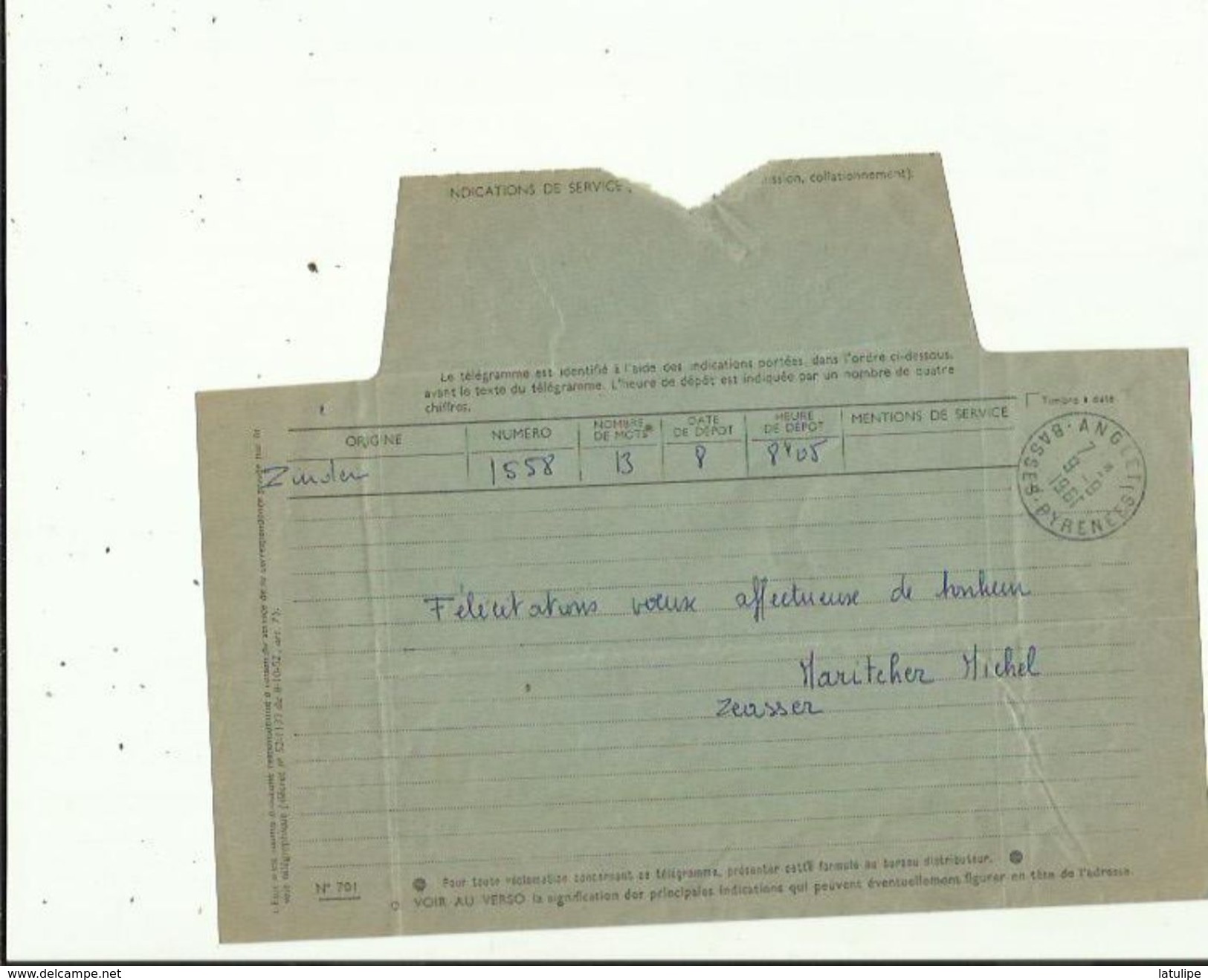 Telegramme De Meilleurs Voeux De Bonheur A L'Occasion Du Mariage De Melle LAPORTE  NICOLE En 1961 Voir Scan Details - Annunci Di Nozze