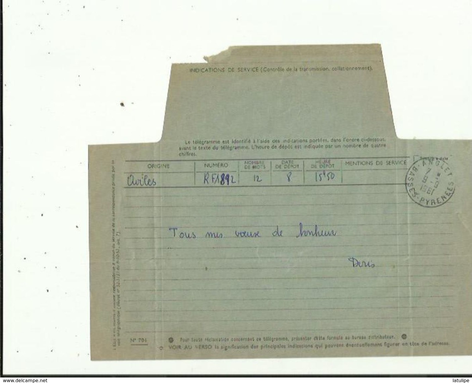 Telegramme De Meilleurs Voeux De Bonheur A L'Occasion Du Mariage De Melle LAPORTE  NICOLE En 1961 Voir Scan Details - Boda