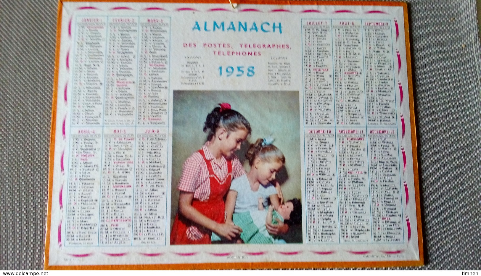 Almanach Des P.T.T. 1958  - ENFANTS Et Poupée ADMIRATION - Nièvre - Calendrier OLLER - - Grossformat : 1941-60