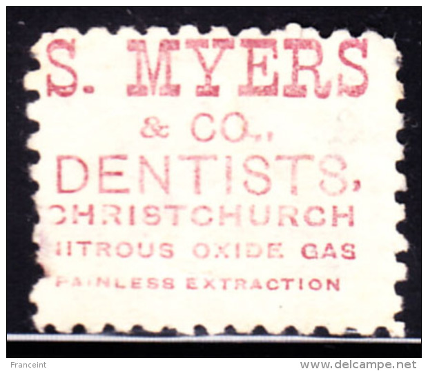 NEW ZEALAND (1893) Nitrous Oxide.  1 Penny Stamp With Advertisement On Back For "S. Myers &amp; Co. Dentists, Christchur - Used Stamps