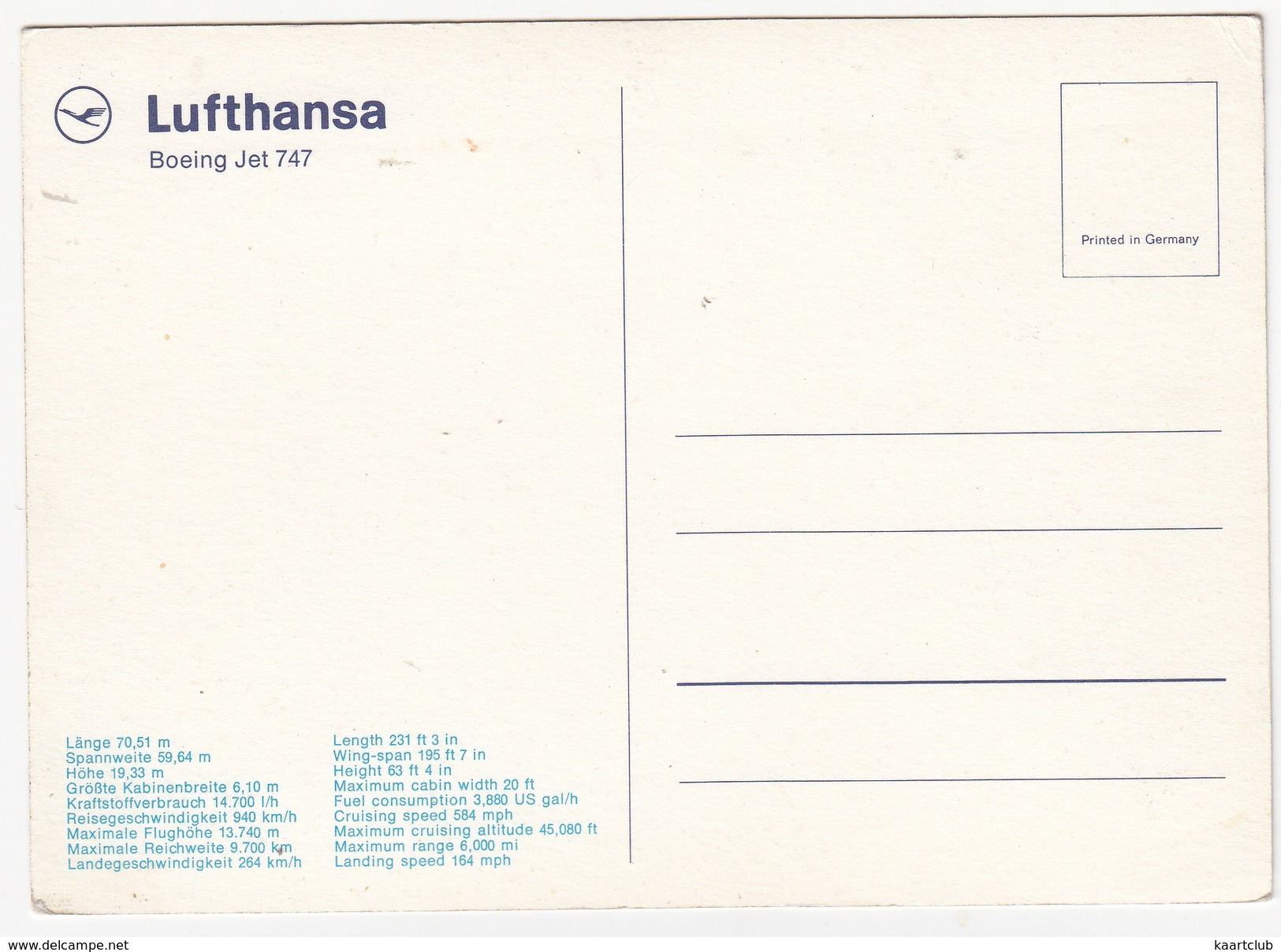 BOEING JET 747 - Lufthansa -  (Germany) - 1946-....: Moderne