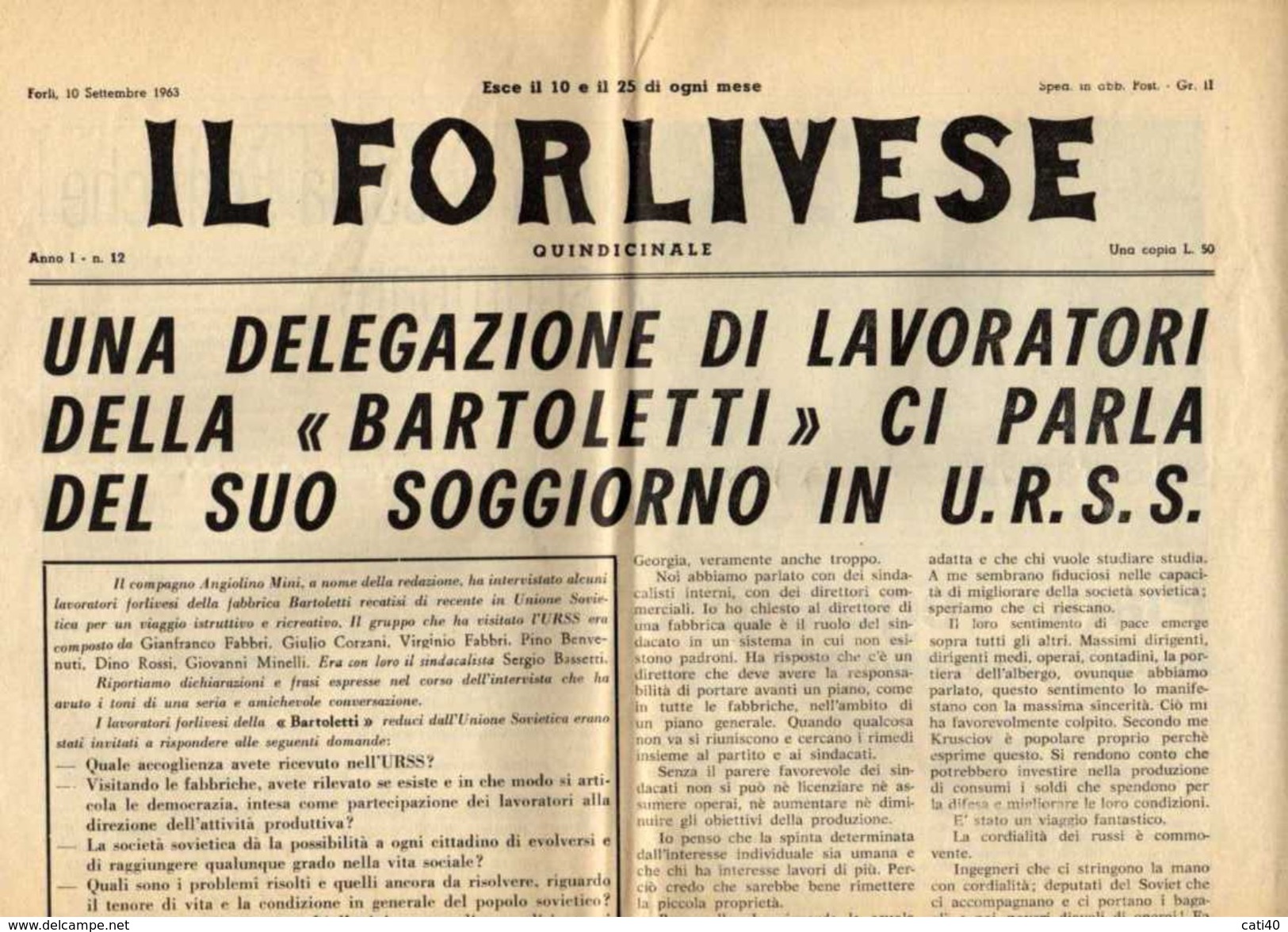 IL FORLIVESE Quindicinale  Del 10/9/63 DELEGAZIONE DELLA BARTOLETTI PARLA DEL SOGGIORNO IN RUSSIA U.R.S.S....... - Scientific Texts