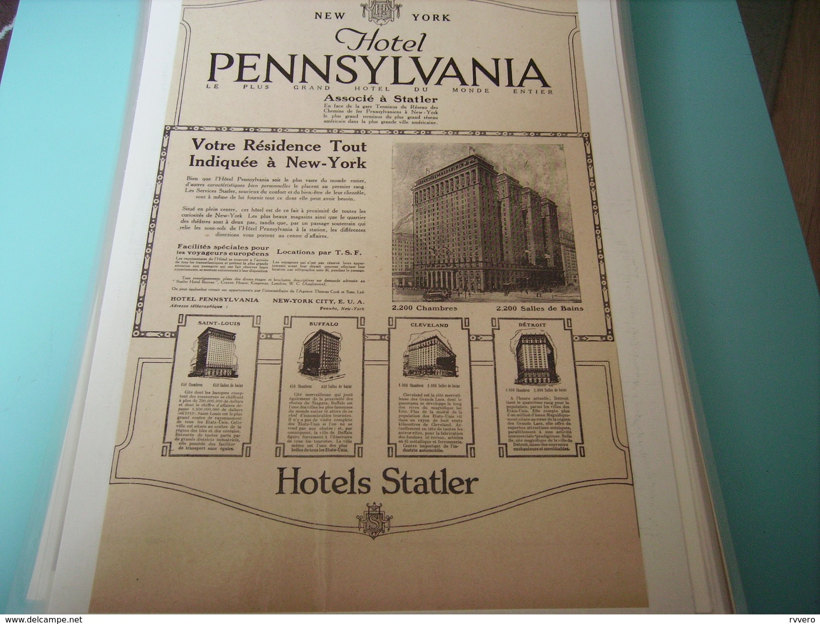 ANCIENNE PUBLICITE HOTEL PENNSYLVANIA NEW YORK - Autres & Non Classés