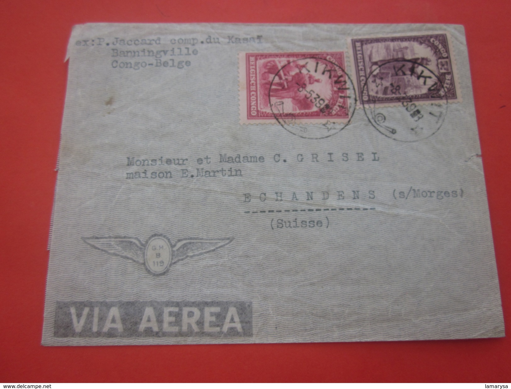 Kikwit--Timbre-Afrique-Congo-Kinshasa-Congo Belge-1923-44: Marcophilie-Lettre-Document Par Avion-By Air-mail---Suisse - Covers & Documents