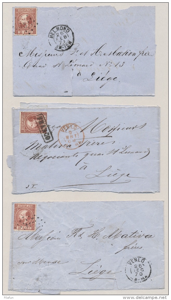 Nederland - 1869/71 - 3 Stuks 10 Cent 3e Emissie Op (deel Van) Vouwbrief Naar Liège / België - Brieven En Documenten