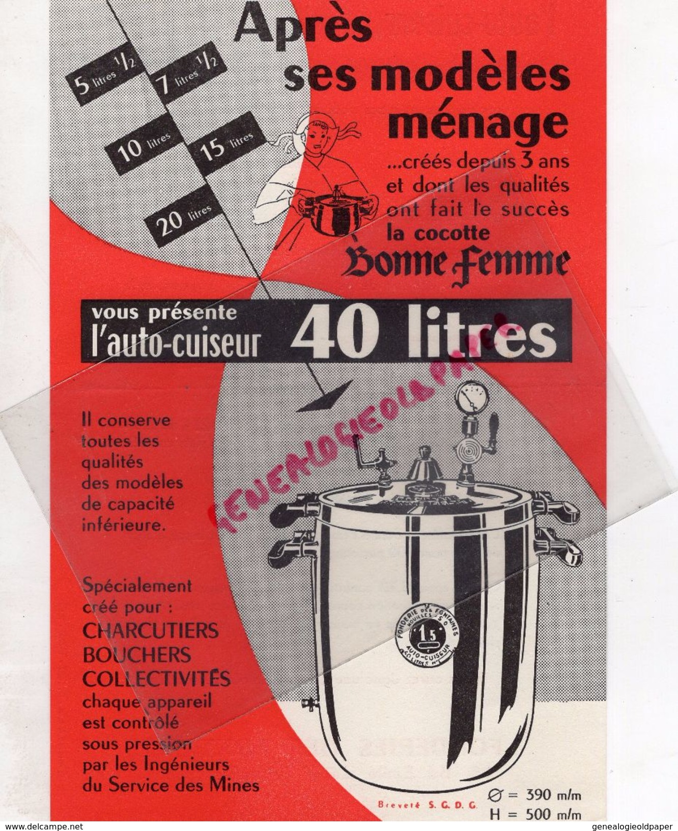 PUBLICITE AUTO CUISEUR 40 LITRES- COCOTTE BONNE FEMME- CUISINE-78- FONDERIES DES FONTAINES-108 BD EMILE ZOLA-FONDERIE - Pubblicitari