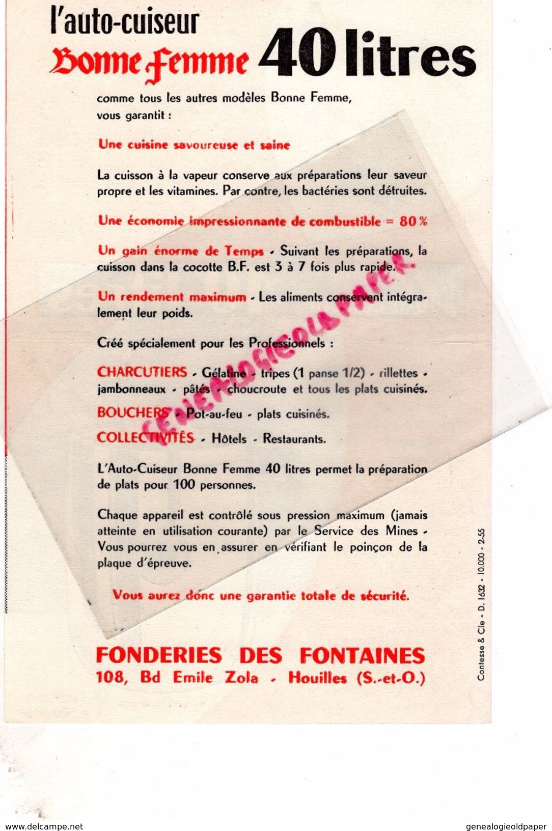 PUBLICITE AUTO CUISEUR 40 LITRES- COCOTTE BONNE FEMME- CUISINE-78- FONDERIES DES FONTAINES-108 BD EMILE ZOLA-FONDERIE - Publicidad