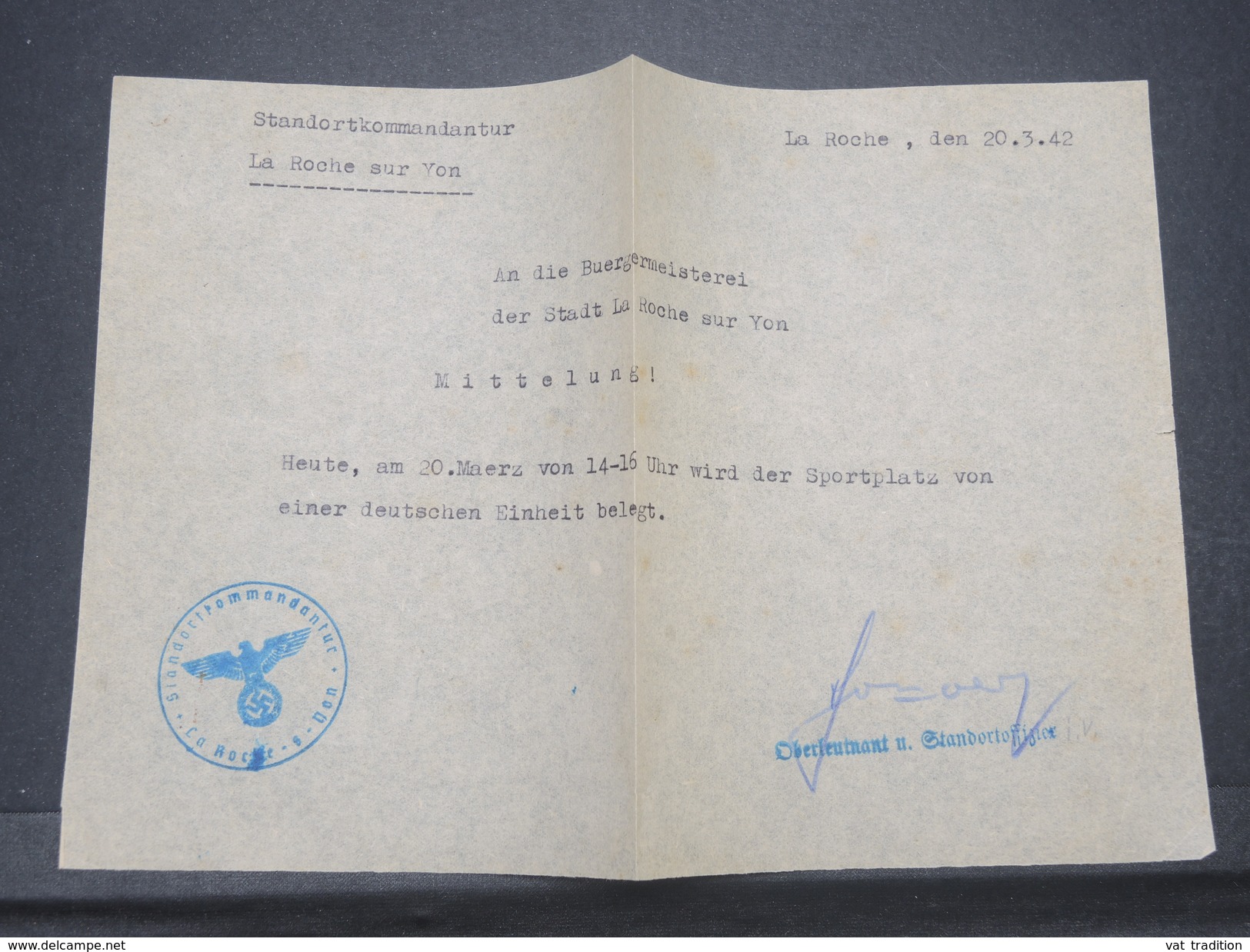 VIEUX PAPIERS -  Ordre De Commande De La Roche Sur Yon Sous Occupation Allemande En 1942 - L 9602 - 1939-45