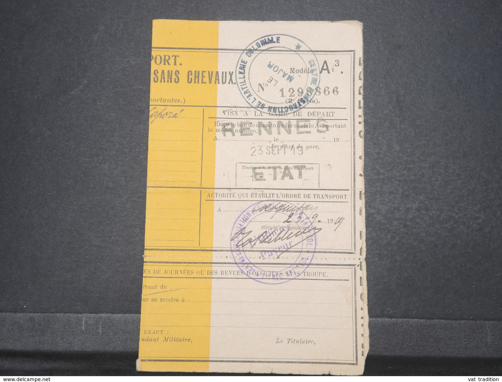 FRANCE - Ordre De Transport Par Chemin De Fer En 1919 Du Centre D' Instruction D 'Artillerie Coloniale  - L 9617 - Documents