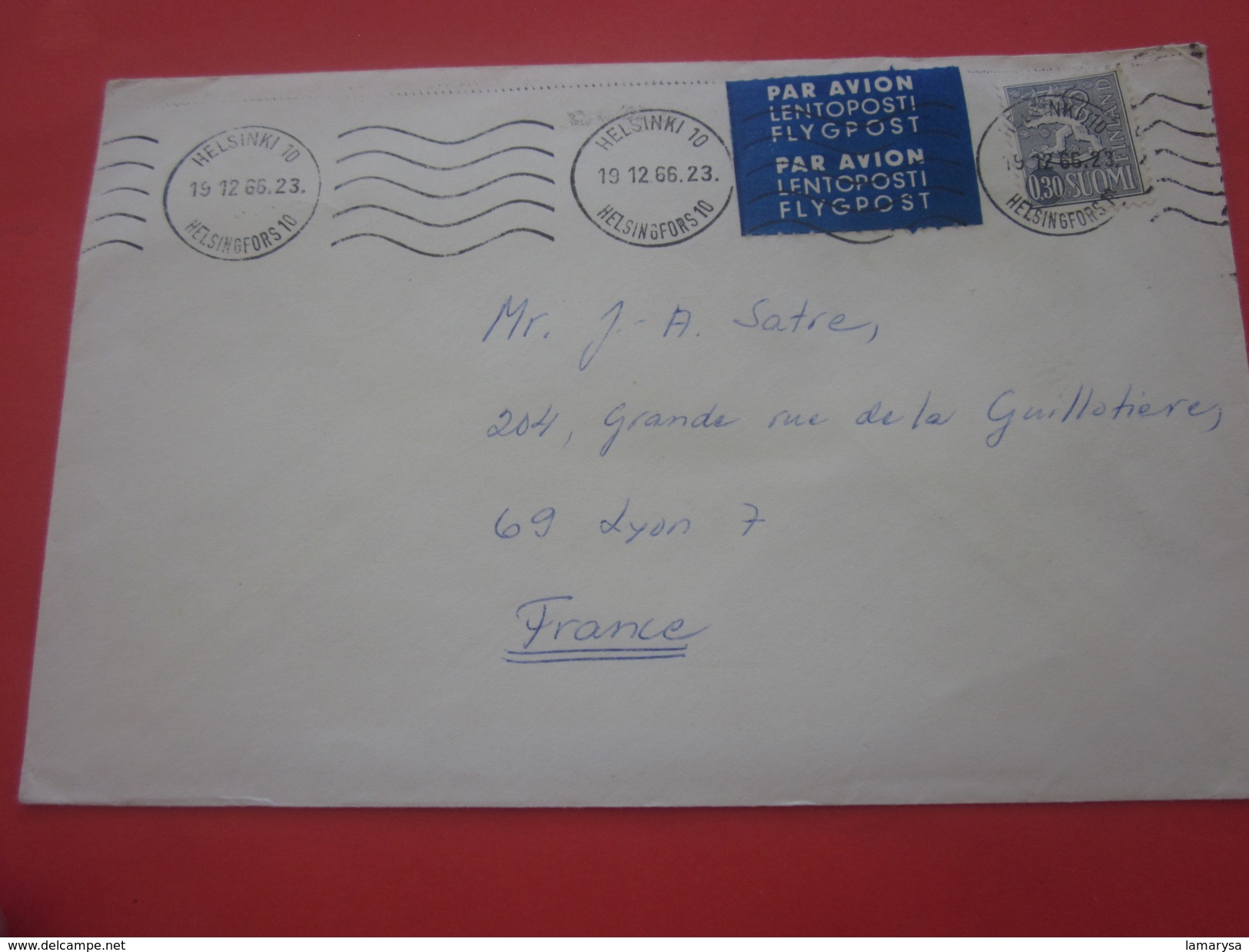 SUOMI Finland -Timbre-Europe-Helsinki  Finlande-1966 - Lettre & Document Marcophilie Par Avion-By Air-mail--Lyon France - Storia Postale