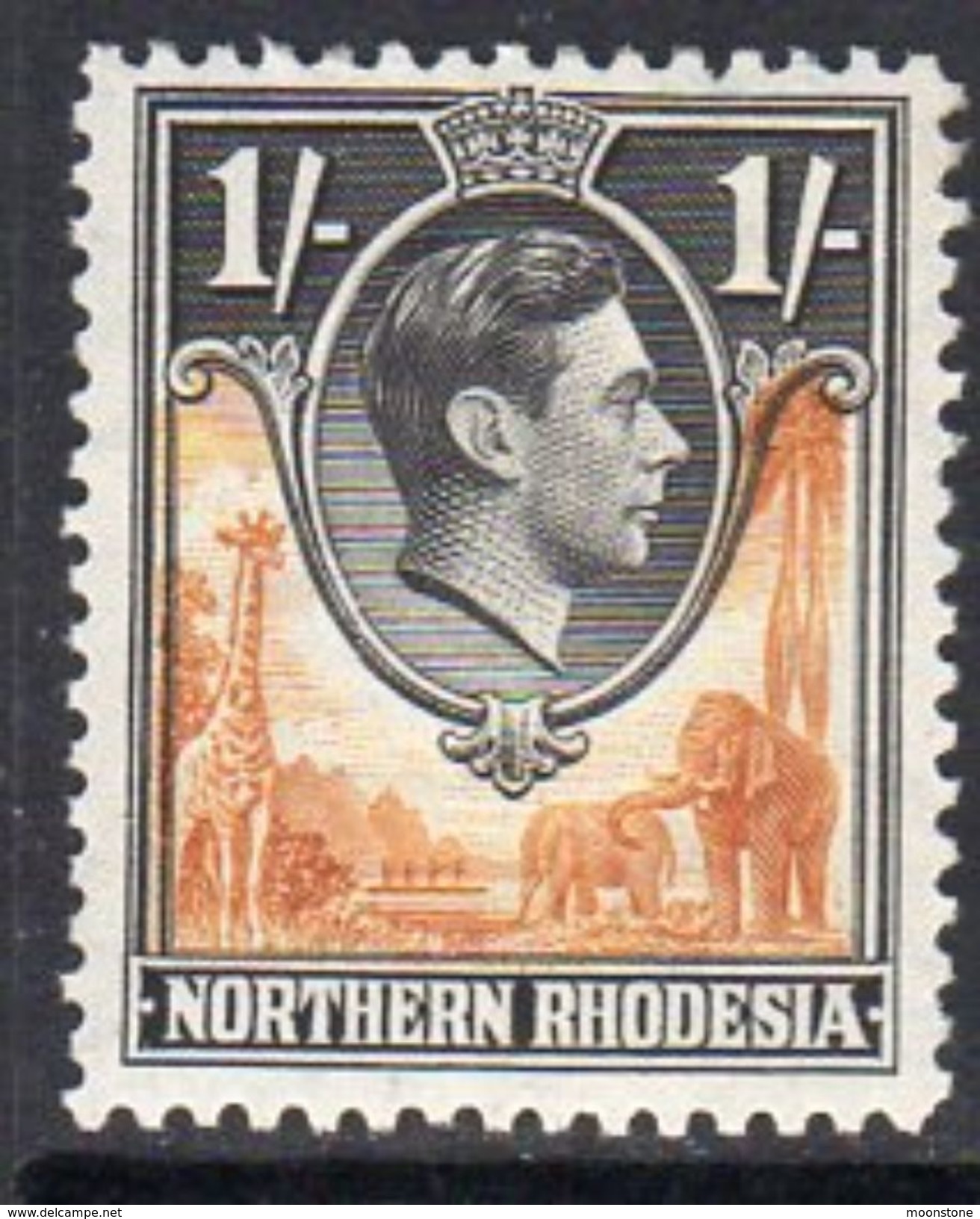Northern Rhodesia GVI 1938-52 1/- Yellow-brown & Black Giraffe Elephant Definitive, Lightly Hinged Mint, SG 40 (BA) - Northern Rhodesia (...-1963)