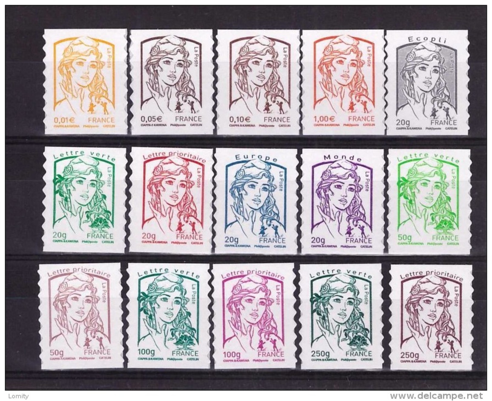 Série Complète Neuve 15 Timbres Marianne Ciappa Kawena Timbre Adhesif Lot Sous Valeur Faciale 24,08€ - Altri & Non Classificati