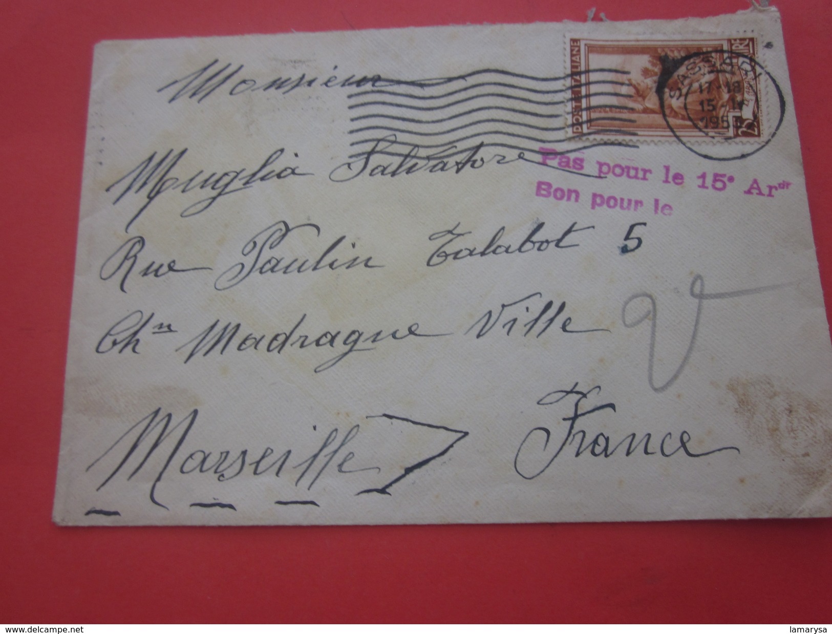 Europe-Italie - 1953.. République - 1946-60-Lettre & Document Marcophilie  Avion-By Air-mail--Marseille - 1946-60: Storia Postale