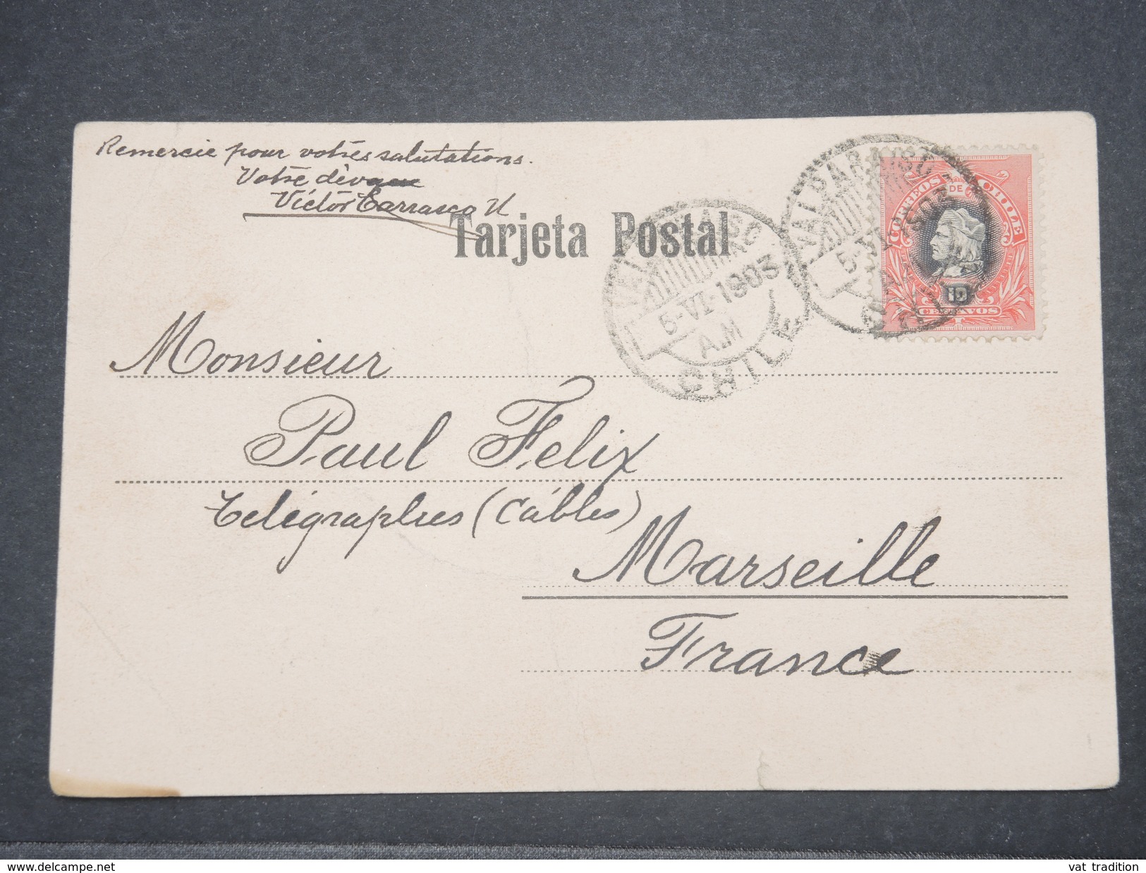 CHILI - Oblitération De Valparaiso Sur Carte Postale En 1903 Pour La France - L 9639 - Chili