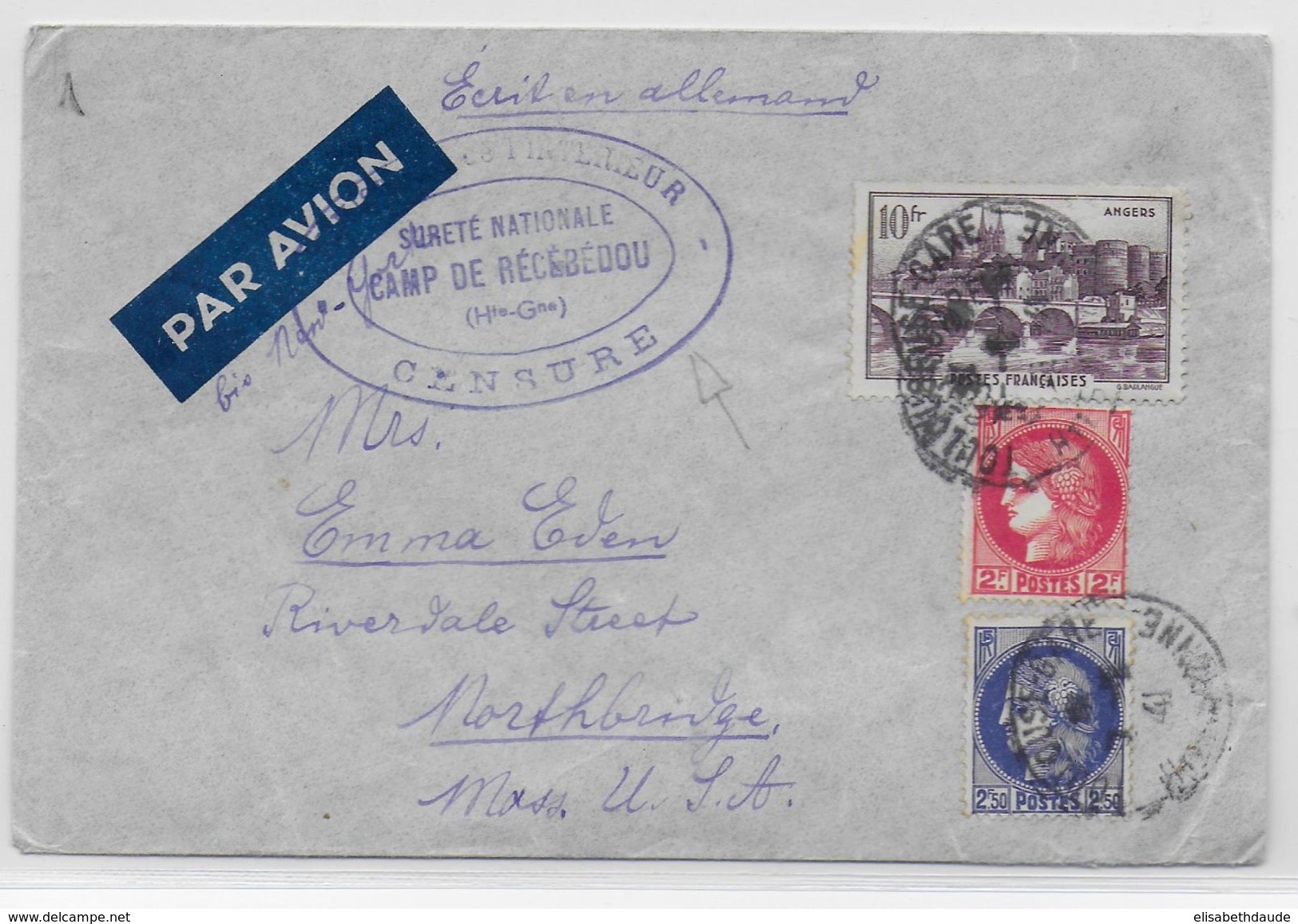 INTERNE DEPORTE JUIF ALLEMAND - 1941 - ENVELOPPE Avec CENSURE De La SURETE NATIONALE Du CAMP De RECEBEDOU => USA - Guerre De 1939-45