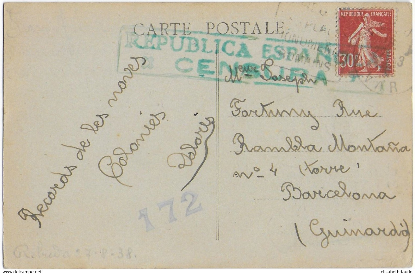 1938 - SEMEUSE SEUL Sur CARTE De TOULON (VAR) => BARCELONA (ESPAGNE) Avec CENSURE REPUBLICAINE - 1906-38 Sower - Cameo