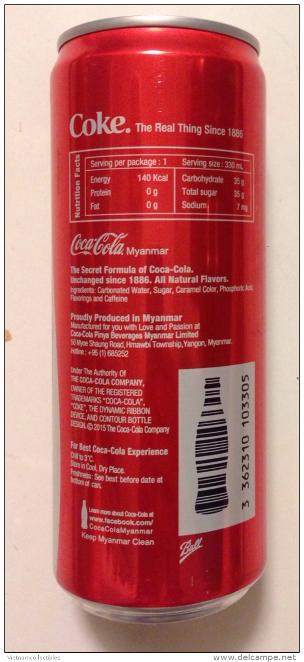 Coca Cola Myanmar Empty 330ml Slim Can / Opened By 2 Holes At Bottom - Cannettes