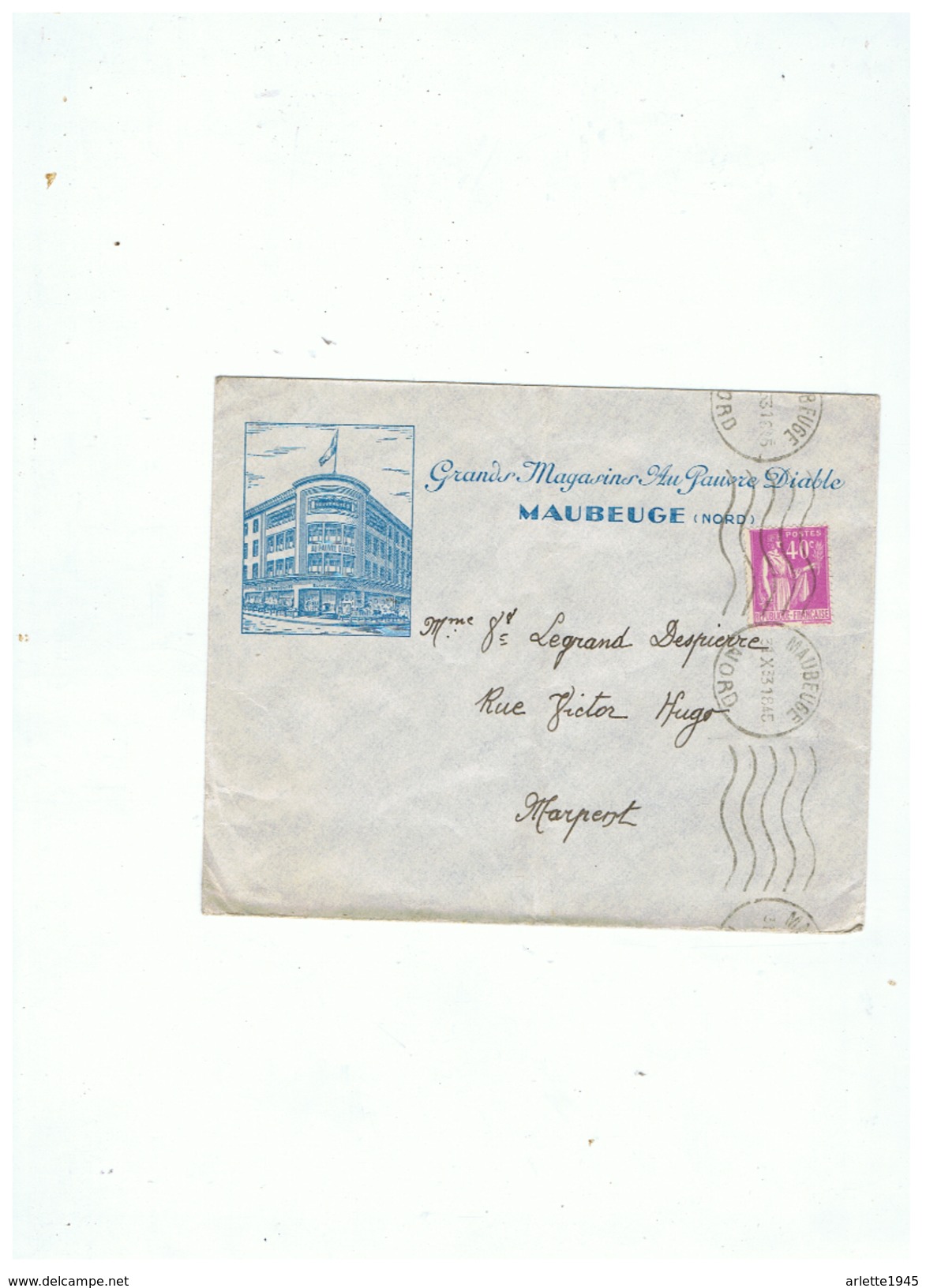 LETTRE GRANDS MAGASINS AU PAUVRE DIABLE à MAUBEUGE (NORD)  Pour   MARPENT (NORD)  1933 - 1921-1960: Période Moderne