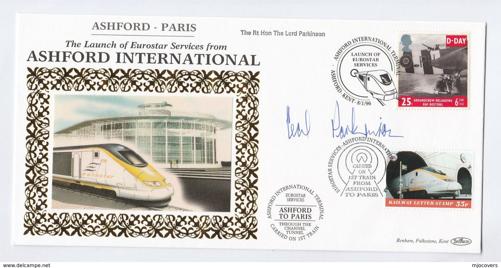 1996 Eurostar TRAIN SIGNED By CECIL PARKINSON Carried CHANNEL TUNNEL Railway Ashford GB France Cover Stamps Event - Trains