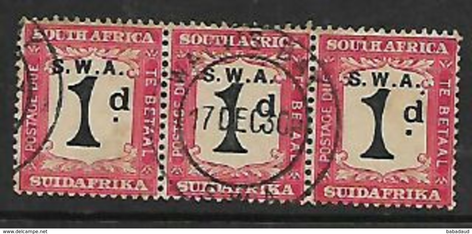 S. W. Africa, 1926,  1d Postage Due Of S.Africa, Strip Of 3,  Over Printed, Used - South West Africa (1923-1990)