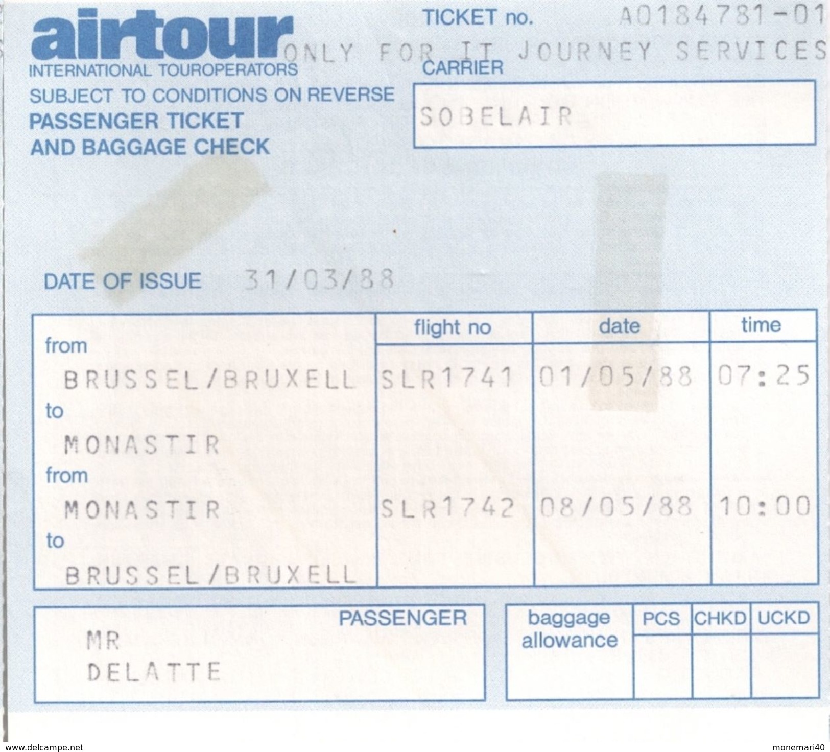 AIRTOUR - TICKET PASSAGER Et CONTRÖLE BAGAGE (Bruxelles-Monastir) - 1988 - Welt