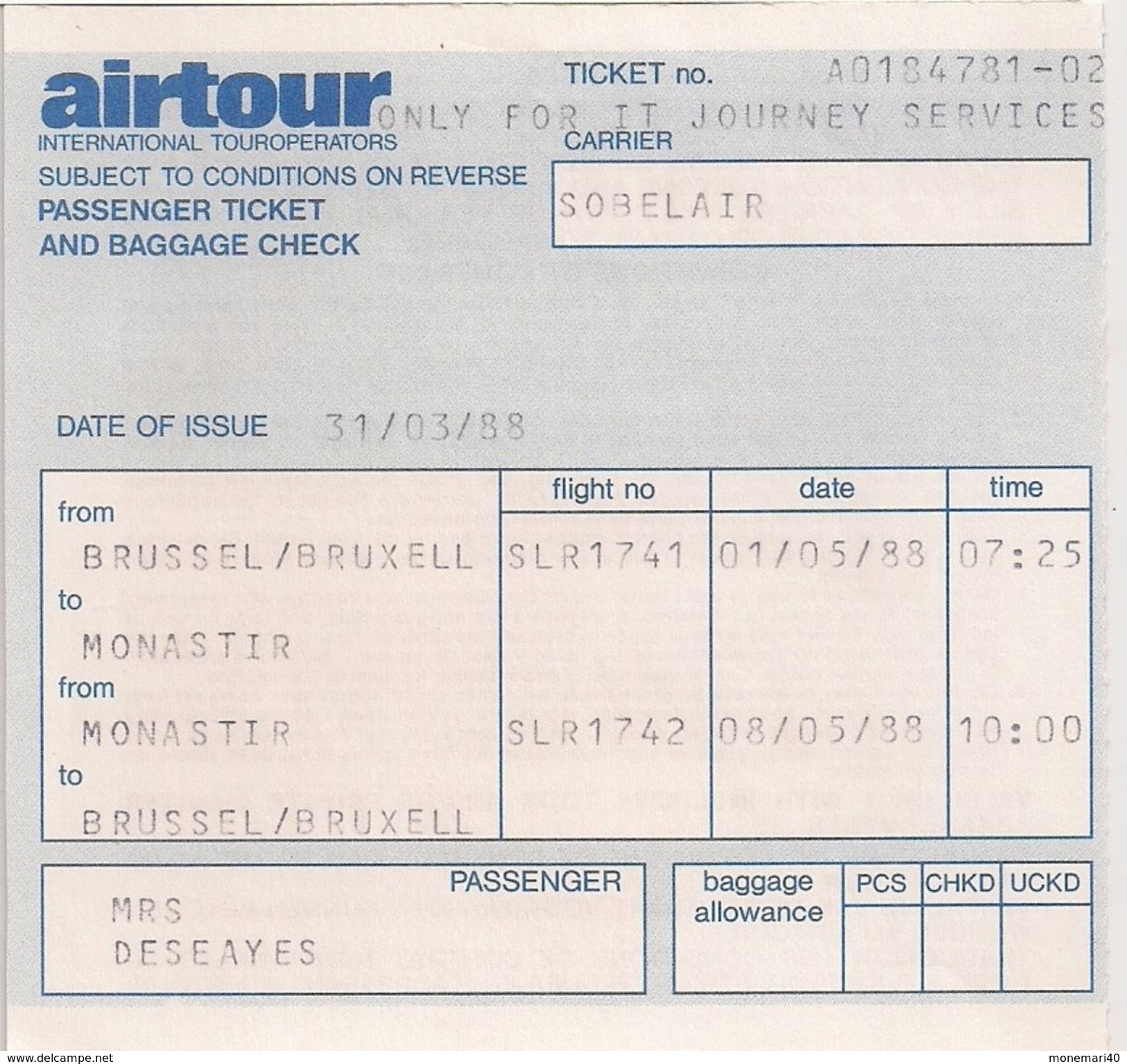 AIRTOUR - TICKET PASSAGER Et CONTRÖLE BAGAGE (Bruxelles-Monastir) - 1988 - Mondo