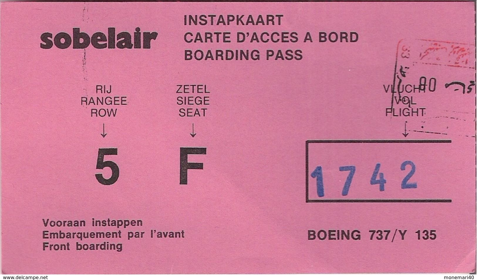 SOBELAIR - CARTE D'ACCES A BORD - BOEING 737 (Bruxelles-Monastir) 1988. - Monde