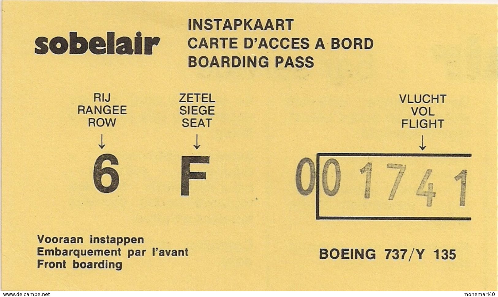 SOBELAIR - CARTE D'ACCES A BORD - BOEING 737 (Bruxelles-Monastir) 1988. - Mondo