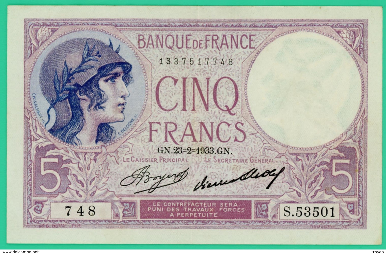5 Francs - Violet - France - N° S.53501 - 1337517748 - 23=2=1933 - Sup - - 5 F 1917-1940 ''Violet''
